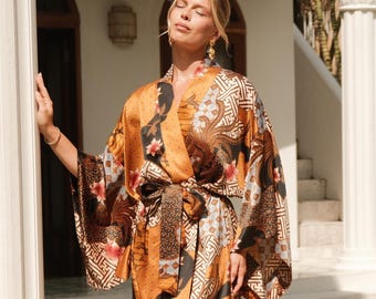 Long gold silk blend kimono robe, Floor length satin dressing gown, Honeymoon bathrobe from Bali, Gift for wife girlfriend mom sister