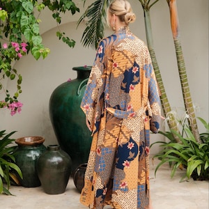Silk blend kimono robe extra long, floor length satin dressing gown, peacock bathrobe from Bali, gifts for wife girlfriend mom sister