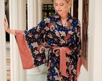 Silk blend long kimono robe from Bali, Women blue plus size dressing gown, Luxury honeymoon loungewear, Gift for wife sister girlfriend mom