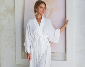 White Bridal Robe ~ Long Bride Dressing Gown ~ Satin Getting Ready Wedding Kimono ~ Maxi Ivory Bathrobe - AZ20041