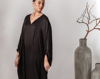 Black Kaftan Dress For Women, Silk Blend Caftan Floor Length, Designer Plus Size Maxi Dresses, Premium Loose Fit Tunic