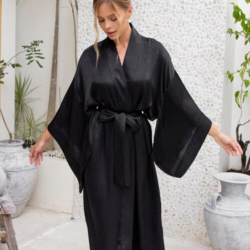 Black Silky Kimono Robe / Japanese Dressing Gown / Long Satin Etsy