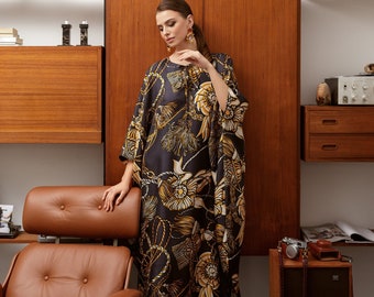 Pure Silk Caftan Dress For Women, Full Length Kaftan Luxury, Black & Gold Wedding Guest Dress, Plus Size Summer Dresses