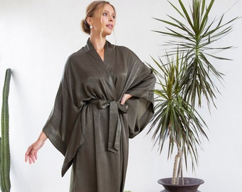 Bali Silky Kimono Robe / Japanese Dressing Gown / Navy Plus Size Satin Bathrobe / Luxury Christmas Gift For Wife Girlfriend