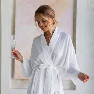 Bride Robe For Wedding Day Long, White Bridal Dressing Gown, Satin Getting Ready Kimono With Wide Sleeves image 1