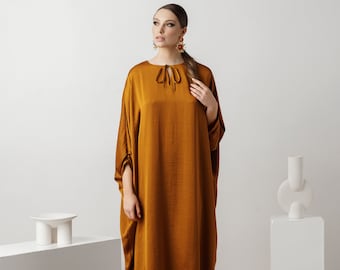 Silky Gold Kaftan Dress For Women Plus Size, Premium Italian Satin Caftan Luxury, Rust Plus Size Modest Dresses - HOA001