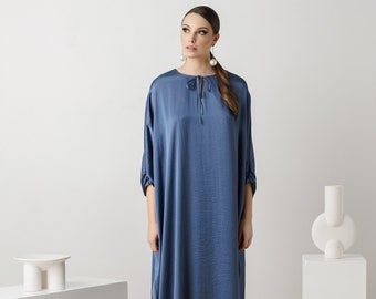 Full Length Kaftan Luxury Plus Size - Blue Satin Wedding Guest Caftan - Premium Modest Dress For Women - Resort Dresses