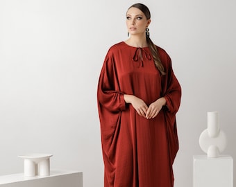 Burgundy Silky Satin Kaftan Luxury, Plus Size Caftan Dress For Women, Wedding Guest Red Kaftans, Gift Wife Mother Girlfriend