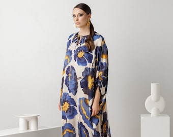 Robe caftan en pure soie pour femme, caftan grande taille de luxe, caftans bleus pour invités de mariage, cadeau d'anniversaire pour femme