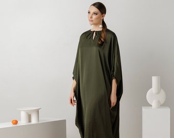 Maxi Caftan Luxury, Moss Green Kaftan For Women Plus Size, Wedding Guest Satin Dress, Ankle Length Modest Evening Dresses