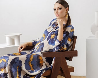Pure Silk Kaftan Dress For Women, Plus Size Modest Caftan Luxury, Anniversary Gift For Wife, Loose Fit Summer Dresses