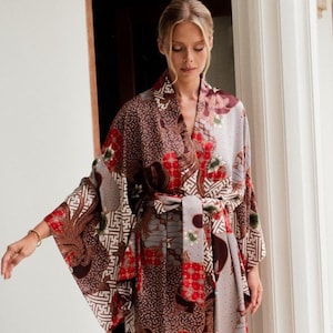 Silk blend kimono for women, Plus size bohemian dressing gown, Long satin robe, Honeymoon lounge wear from Bali, Full length bathrobe