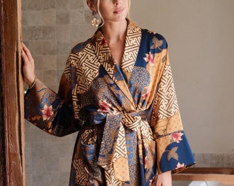 Blue Silk blend kimono robe boheme, Long sleeves dressing gown for women, Floral satin bathrobe, Luxury gift for wife girlfriend mom sister