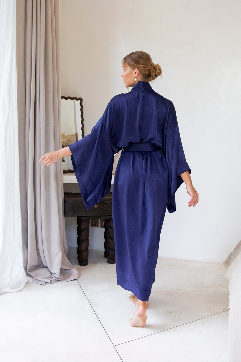 Navy Silky Dressing Gown Long Satin Robe Plus Size Blue Etsy