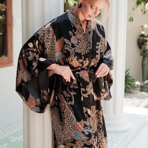 Black silk blend boho kimono robe, long sleeve dressing gown for women, honeymoon bathrobe, luxury Christmas gift for wife girlfriend mom