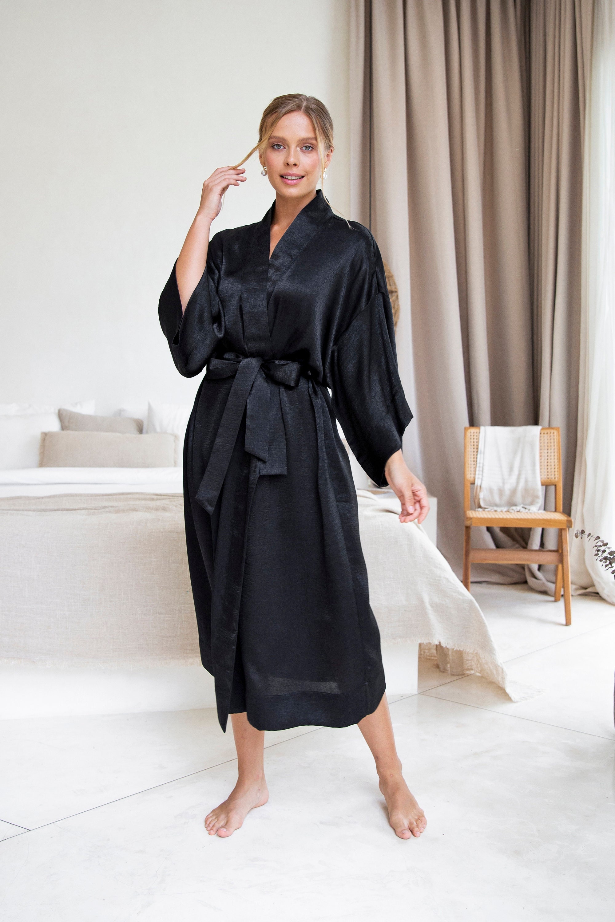Ladies black satin dressing cheap gown