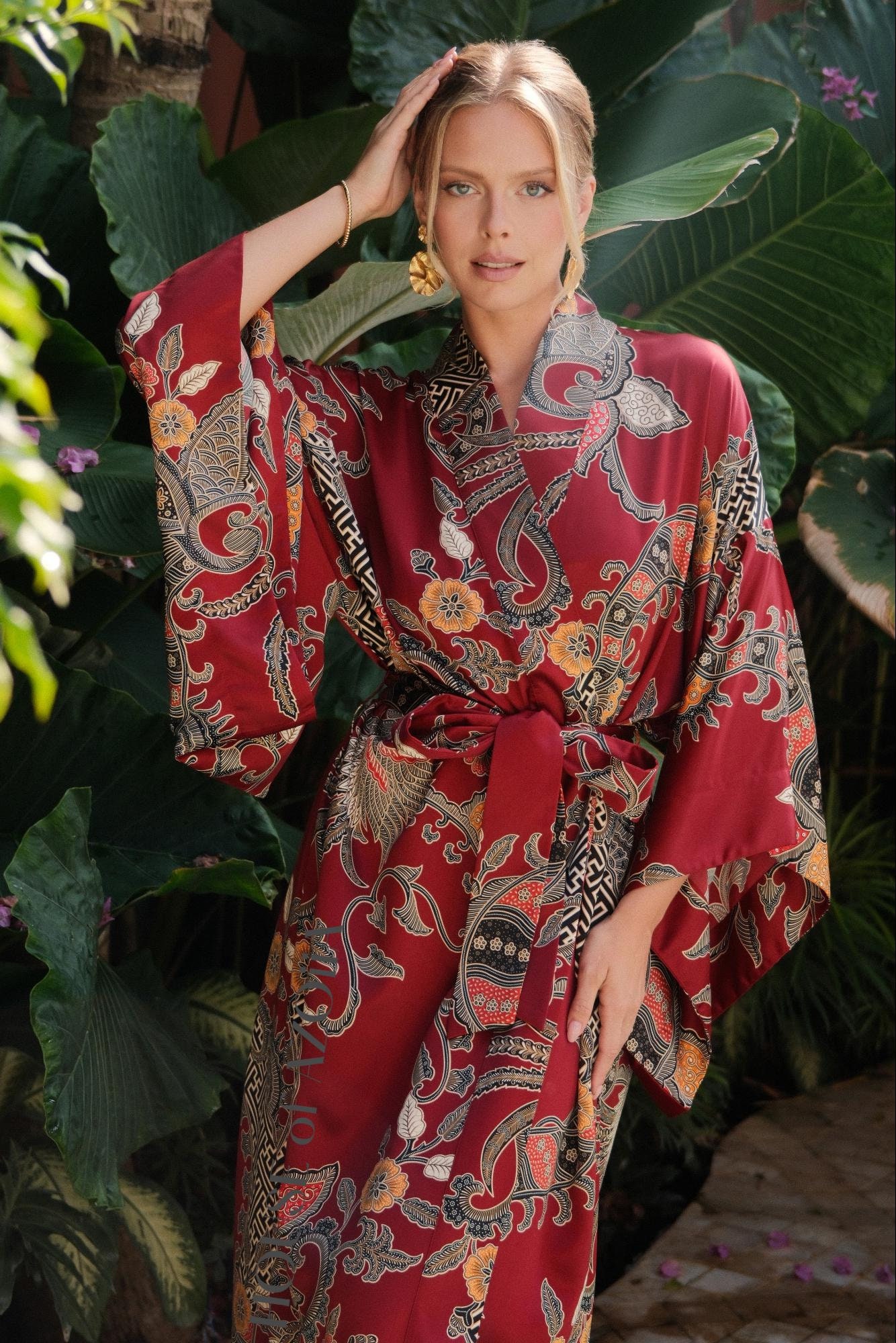 Silk blend kimono robe boho, red plus size dressing gown woman, long satin bathrobe from Bali, Christmas gift mother wife girlfriend sister
