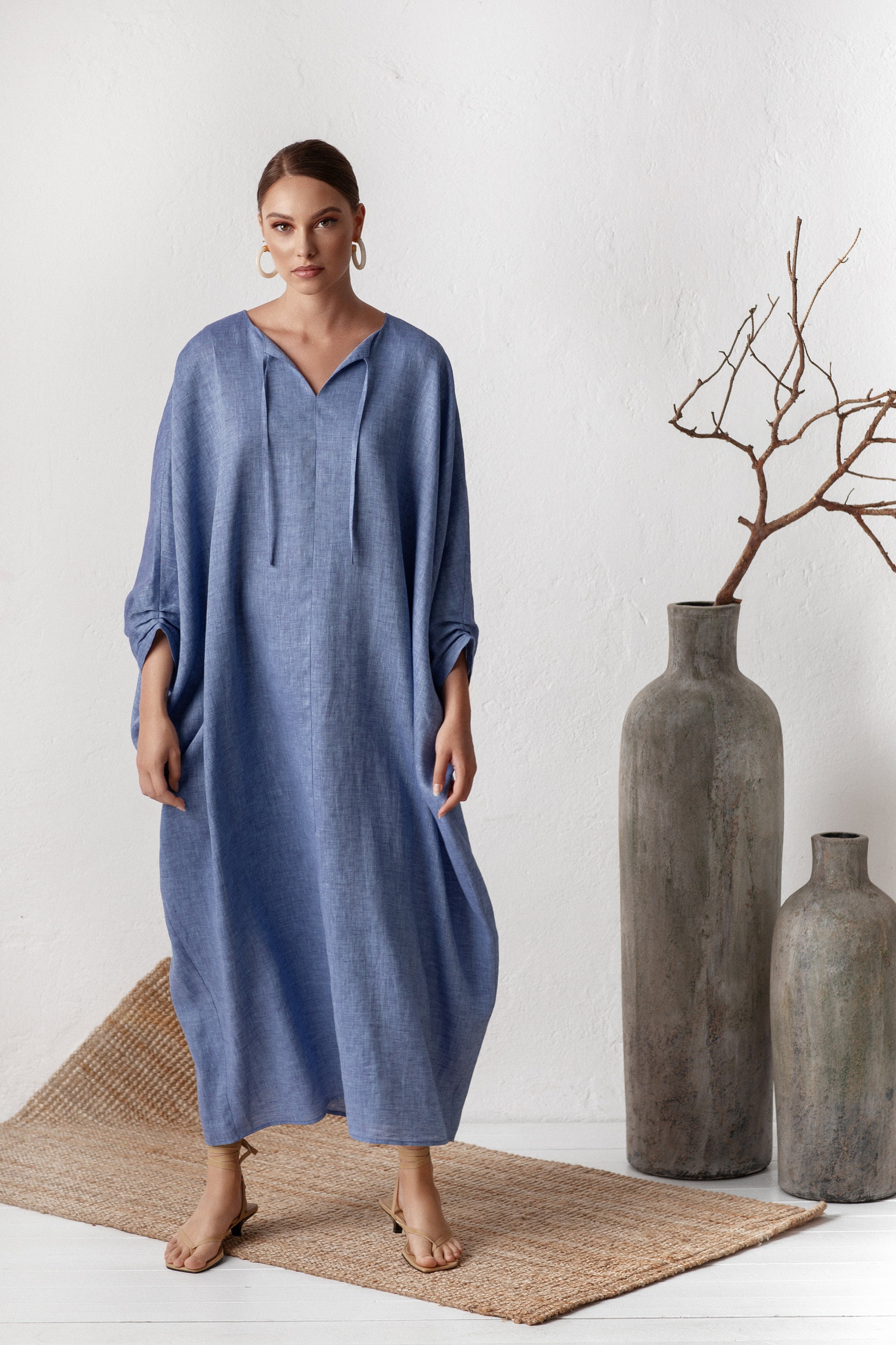 Linen Kaftan Dress With Sleeves Caftan Plus Size Maxi Dress Etsy
