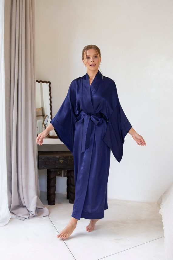 Navy Dressing Gown Long Satin Robe Plus Size Blue - Etsy Denmark
