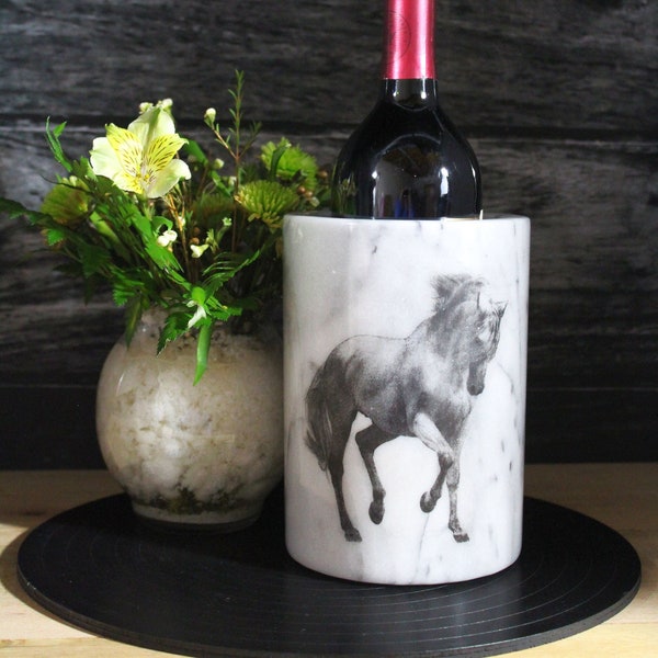 Horse Marble Wine Chiller - Beautifully Etched with Prancing Horse - Fits Most 750 ml Wine Bottles
