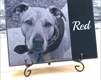 Etched Pet Portrait Plaque: Granite or Marble Memorial with Stand