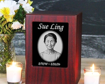 Photo Etched Wood Finish Cremation Urn: Personalized Memorial Keepsake