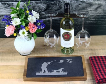 Pheasant Hunter Charcuterie Board and Wine Glass Set - laser etched with distinctive full-wrap design
