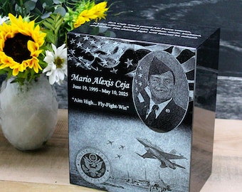 Custom Photo Etched Black Granite Cremation Urn: Service Member Memorial