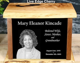 Custom Etched Marble & Live Edge Cherry Wood Cremation Urn - 073