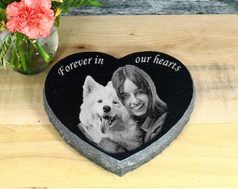 Etched Granite Pet Memorial Stone: Personalized Photo Heart Grave Marker