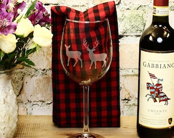 Set of Etched Deer Wine Glasses: Full-Wrap Design, Rustic Cabin Decor