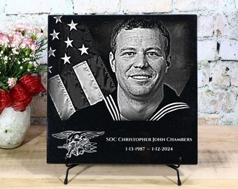 Custom Etched Black Granite Service Member Plaque: Military Memorial