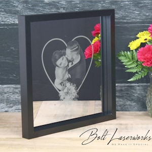 Custom Photo Etched Glass Mirror: Personalized Wedding, Anniversary, Pet Portrait - 13x13 Framed Keepsake