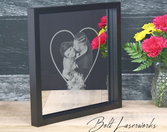 Custom Photo Etched Glass Mirror: Personalized Wedding, Anniversary, Pet Portrait - 13x13 Framed Keepsake