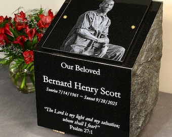 Outdoor Garden Cremation Urn - Custom Etched Black Granite