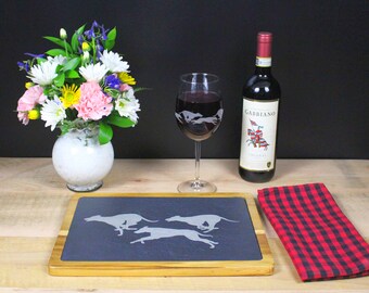 Running Greyhound Charcuterie Board and Wine Glass Set - laser etched with distinctive full-wrap design