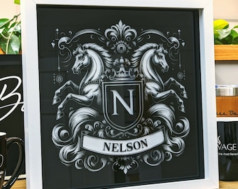 Horse Themed Wall Art - Personalized Monogram Coat of Arms - Framed Etched Glass