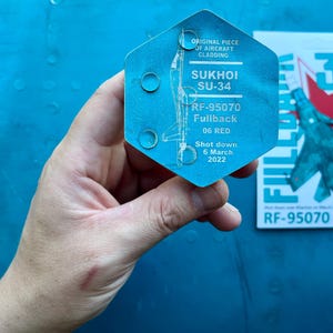 Pilot сollectable gifts fragment from the Russian Su-34 plane shot down over Kharkov on March 6, 2022