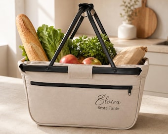 Personalized shopping basket with name – foldable beige shopping basket, gift for best friend, sister or aunt, custom text
