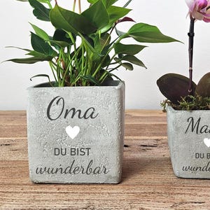Könnte beinhalten: Zwei quadratische, graue Betonpflanzgefäße mit Pflanzen. Eines hat ein rotes Anthurium, das andere eine rosa Orchidee. Auf den Pflanzgefäßen steht "Oma" und "Mama" mit "DU BIST wunderbar" darunter und ein weißes Herz.