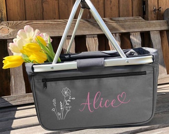 Gepersonaliseerde boodschappenmand met naam | Bloemendesign & hartletters | Opvouwbare mand als cadeau voor vrouwen, moeders, oma's, Kerstmis, verjaardagen