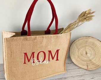 Personalisierte Jutetasche MOM Kinder | großer Shopper bedruckt MAMA, OMA oder Tante | Geschenk Freundin Frau | Einkaufstasche