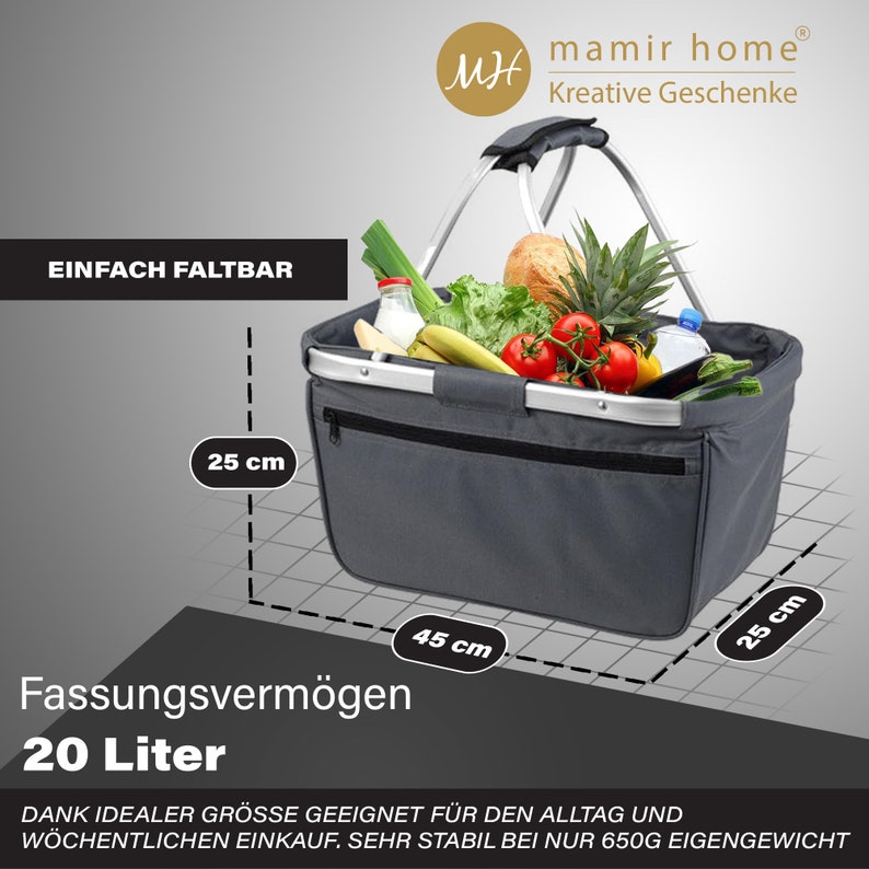 May include: A gray foldable shopping basket with a silver handle and a zippered pocket. The basket is filled with groceries, including bananas, tomatoes, and a pineapple. The basket measures 17.7 inches wide, 9.8 inches tall, and 9.8 inches deep. It has a capacity of 20 liters.