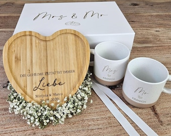 Personalized heart-shaped wedding gift | Mr & Mrs mugs with names | Wedding gift set with heart-shaped tray and gift box
