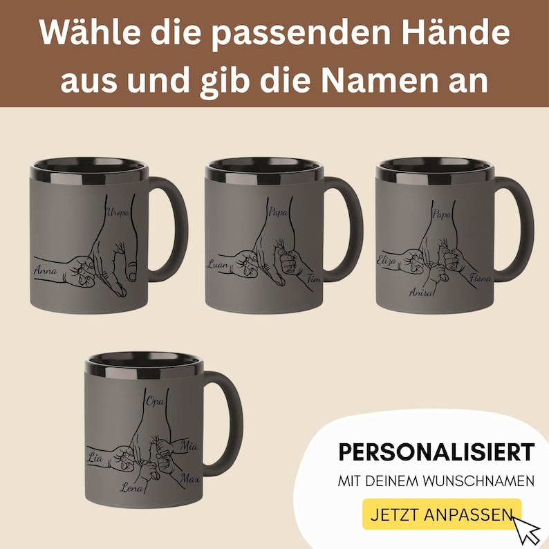 Op de afbeelding: Grijze keramische mokken met zwarte handvatten en randen, met een hand-vasthoudend ontwerp met namen. De mokken hebben de tekst "W&auml;hle die passenden H&auml;nde aus und gib die Namen an" en "PERSONALISIERT MIT DEINEM WUNSCHNAMEN" met een knop "JETZT ANPASSEN".