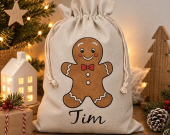 Personalized Santa sack with name – Gingerbread Man Santa sack, Christmas sack for children, Christmas bag