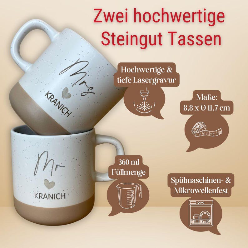 May include: Two white speckled ceramic mugs, one stacked on top of the other. The top mug says "Mrs" and the bottom mug says "Mr", both with a heart and the name "KRANICH". The mugs have a brown base and handle.