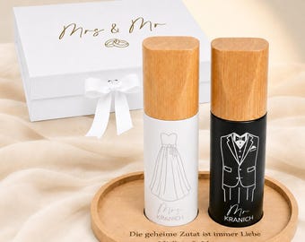Salz- und Pfeffermühle Hochzeit – personalisiertes Hochzeitsgeschenk für Brautpaar mit Tablett & Geschenkbox