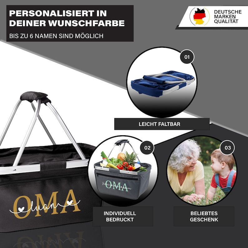 May include: A black and gray shopping basket with a silver handle. The basket is personalized with the word "OMA" in gold lettering. The basket is shown with a variety of fruits and vegetables inside. The text "INDIVIDUELL BEDRUCKT" is below the basket.