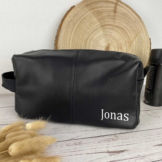 Personalised Embroidered Mens Leather Wash Bag With Strap Black or Brown  Mens Vegan Leather Toilet Bag Embroidered With Initials 